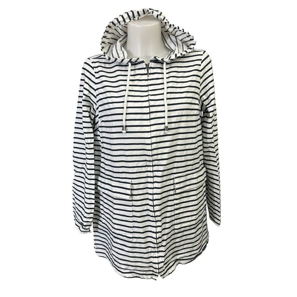 J. Jill Women’s Navy Striped Full‎ Zip Mid Length oversized Cotton Jacket Xs